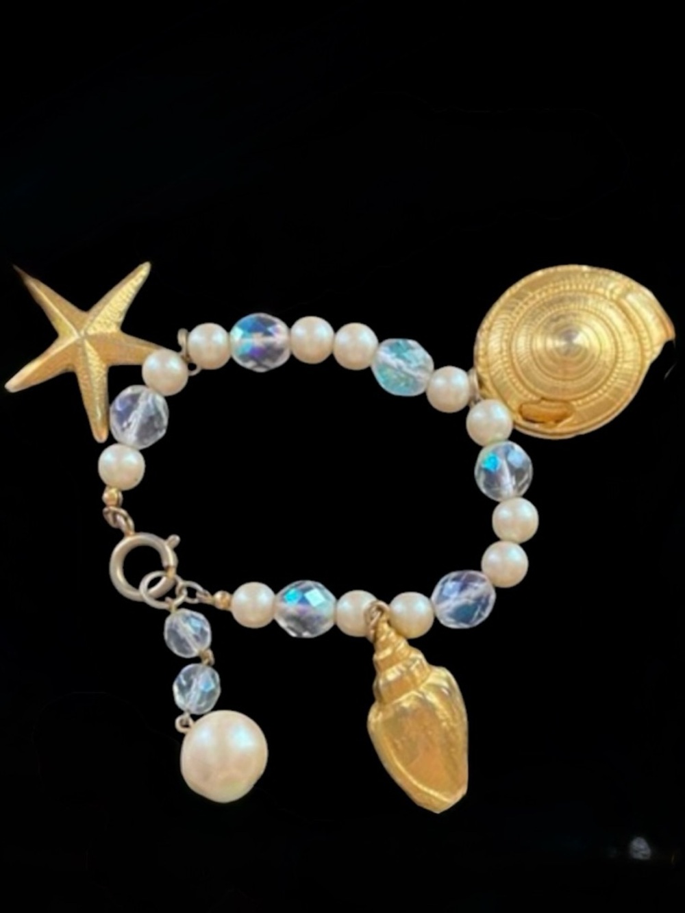 Kenzo Vintage Gold Plated Beaded Shell & Starfish Pearl Charm Bracelet